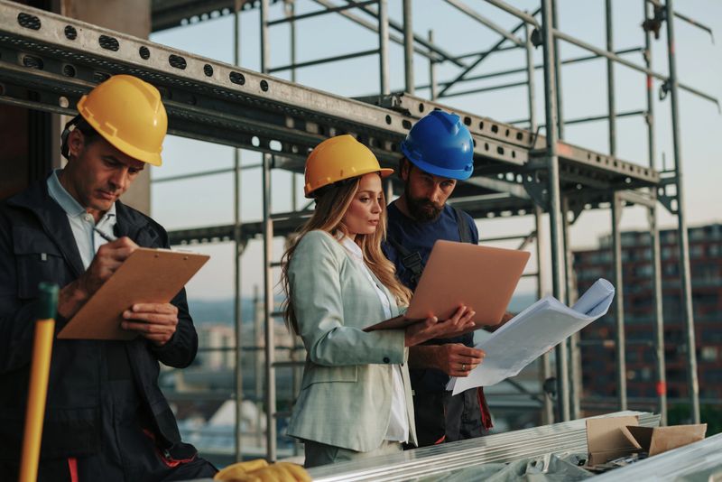 Architect and construction workers reviewing blueprints and discussing progress on a construction site