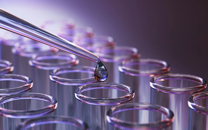 3d render Testing Liquid from Glass Pipette to Test Tubes on Purple Reflective Background, Laboratory and Medical Concept (Depth Of Field)