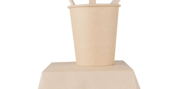 Eco-friendly paper food container with wooden cutlery on a white background.