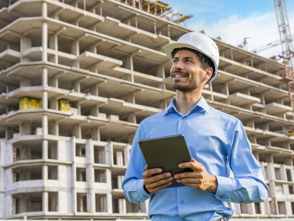 Engineer with tablet at construction site.