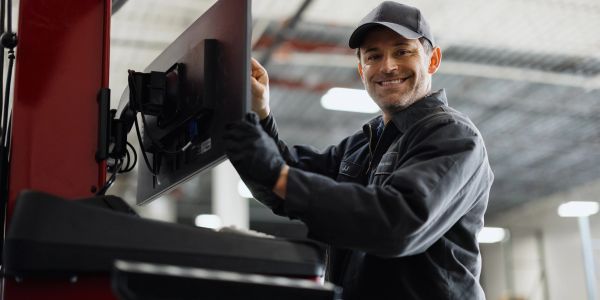 A smiling technician working on a computer in a workshop.