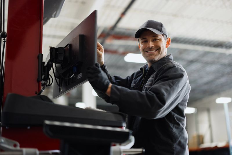Smiling car mechanic adjusting a computer screen in a busy vehicle repair shop, showcasing expertise in automotive diagnostics and maintenance