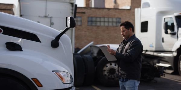 Man inspecting a truck with a clipboard.