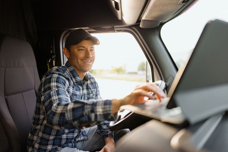 Smiling truck driver using a tablet while navigating the road, blending technology and transportation for efficient delivery and logistics