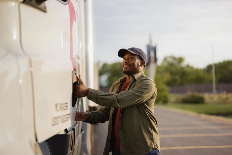 Smiling african american truck driver opening the fuel tank of his truck, getting ready for a long journey on the road