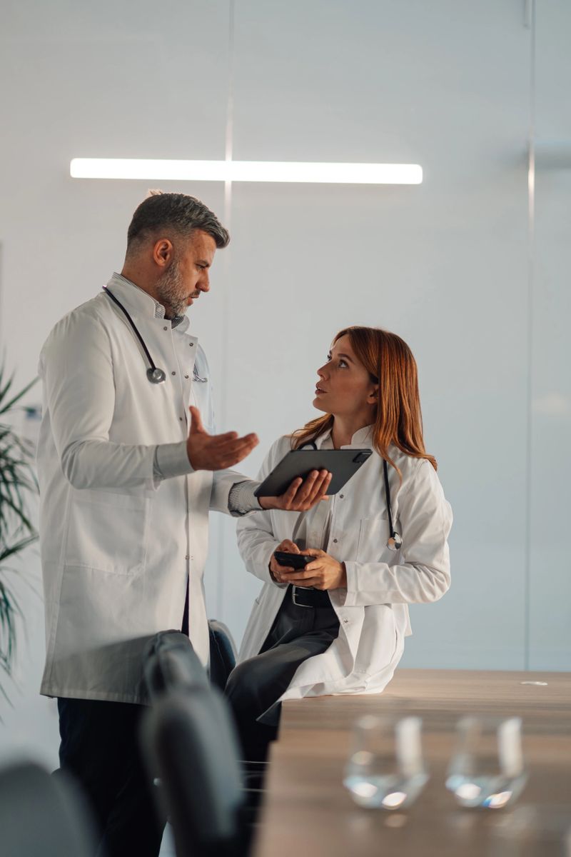 Two doctors, a man and a woman, are discussing patient information using a digital tablet and a smartphone in a hospital meeting room