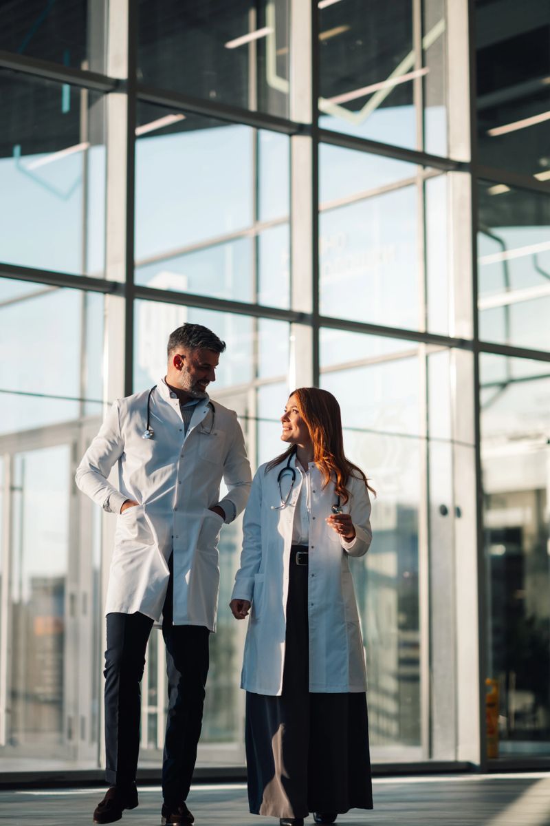 Two doctors walking and talking in the bright, spacious lobby of a modern hospital, engaging in a collaborative discussion about patient care