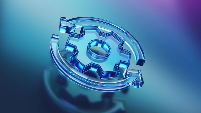 A symbolic blue glass gear with circular arrows 3d icon on a reflective surface, depicting innovation, technology, and modern technical concepts
