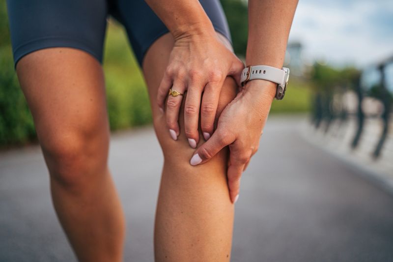 Young woman runner experiencing knee pain after an outdoor running session, gripping her knee with both hands and showing signs of discomfort and exhaustion during her workout