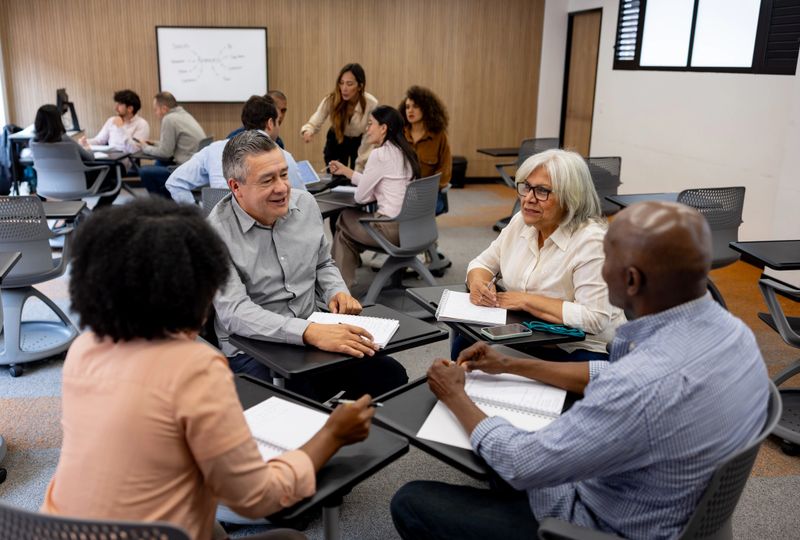 Happy group of Latin American senior students talking in a debate in class - education concepts