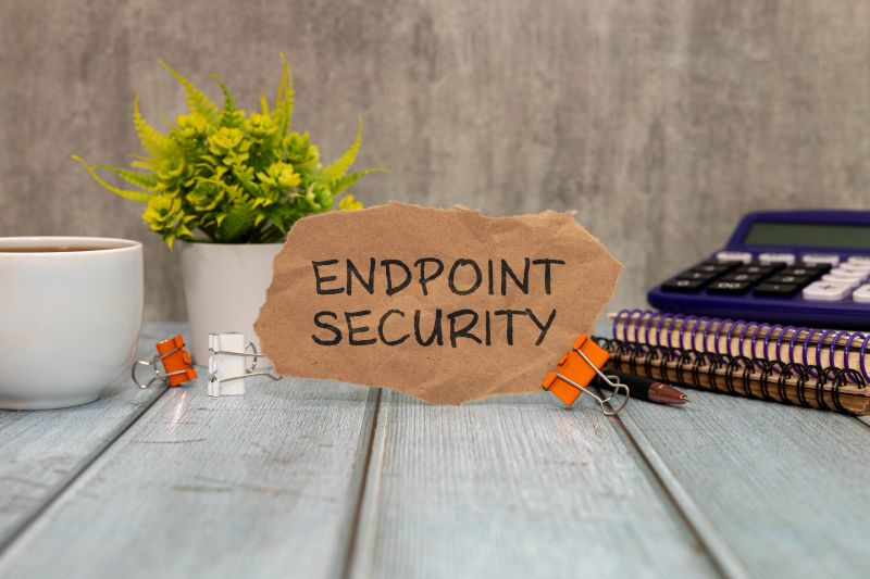 Endpoint Security - business concept, flat lay, coffee cup, envelope. text