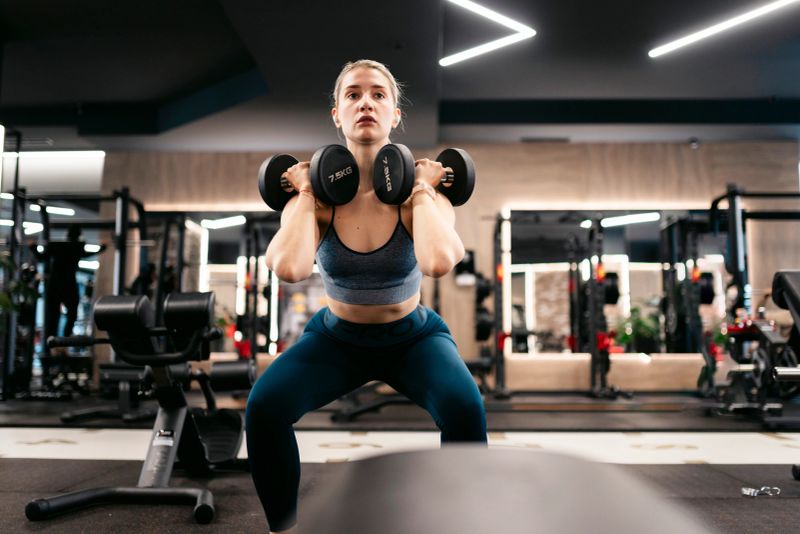 Determined young woman lifting dumbbells while performing squats, showcasing strength and fitness in a modern gym environment