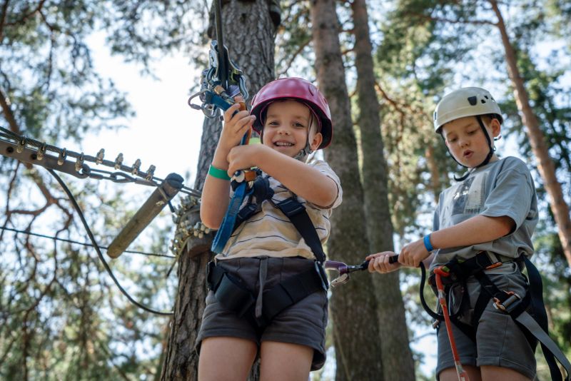 Two kids wearing safety harnesses and helmets navigate an exciting high ropes challenge in a forested area. The scene captures joy, teamwork, and outdoor adventure amid tall trees on a sunny day.
