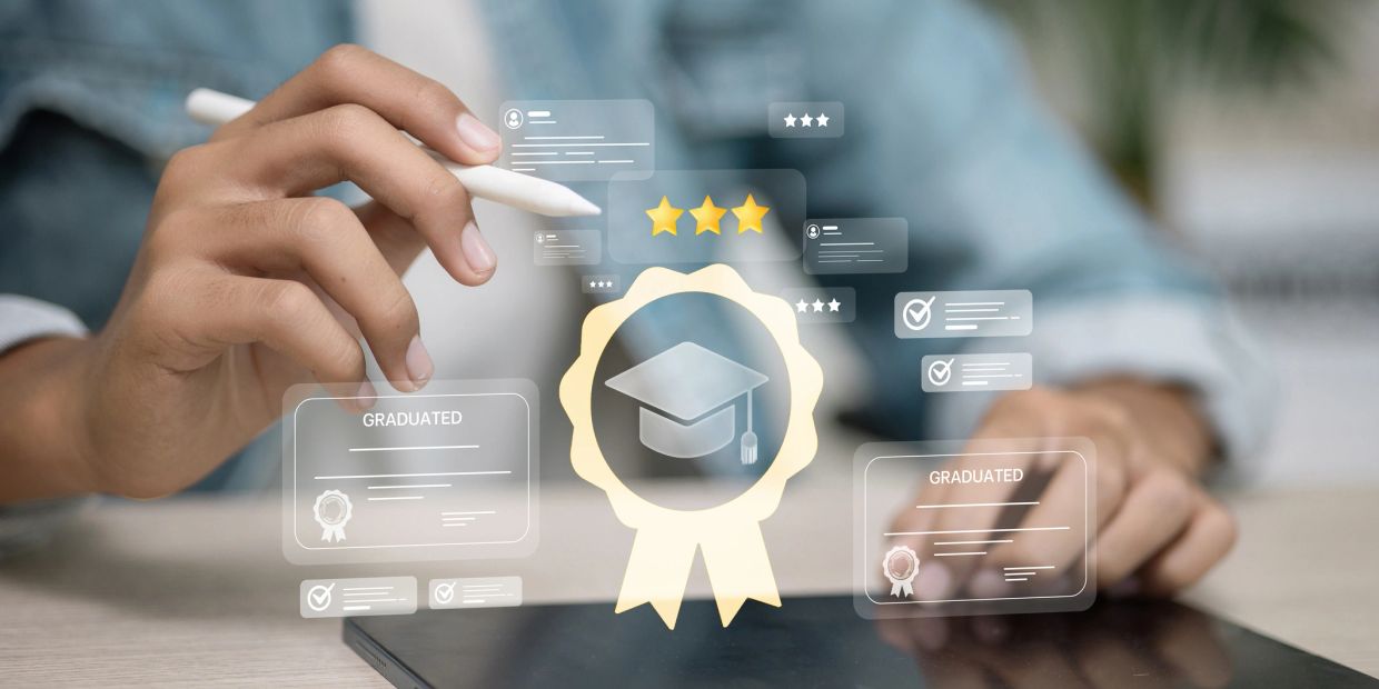 Hand interacting with virtual education and graduation icons above a tablet.