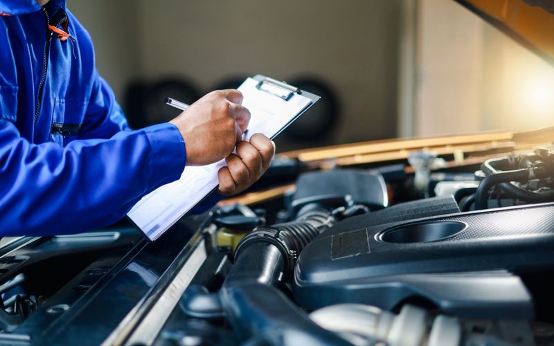 Check and inspect the condition of the car engine in detail. The mechanic is writing on a clipboard while looking at the car engine to assess the car's repair and maintenance.