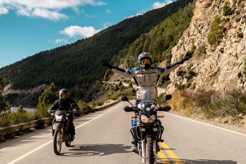 Motorcyclists riding motorcycles in Patagonia, Argentina