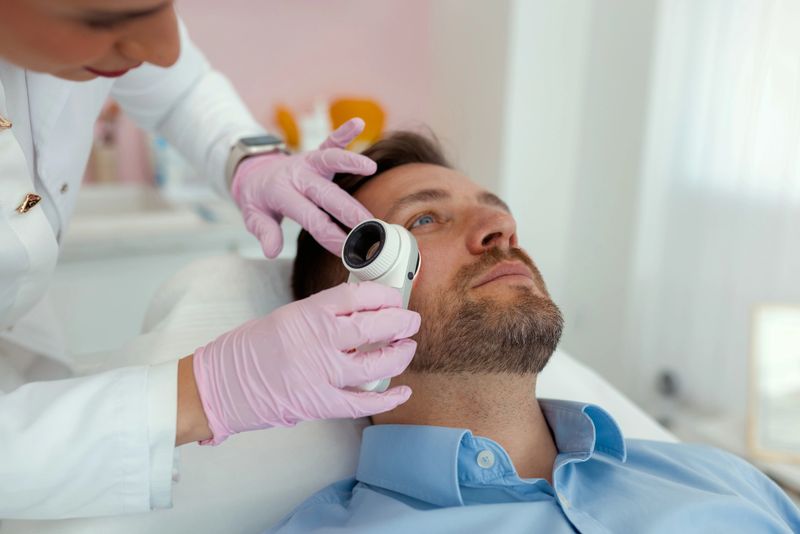 A Medical Expert Carefully Analyzes a Patient's Skin Through a Dermatoscope, Ensuring Early Detection of Dermatological Issues.