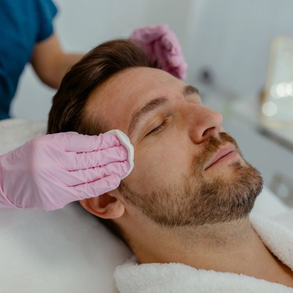 Men receiving a professional chemical peel treatment at Uptown Skin & Aesthetics to improve texture,