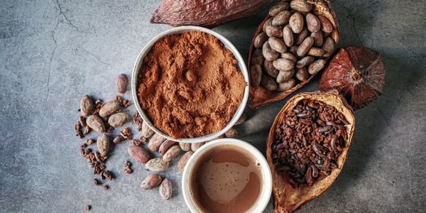 Cocoa beans, powder, and a cup of hot chocolate on a textured surface.