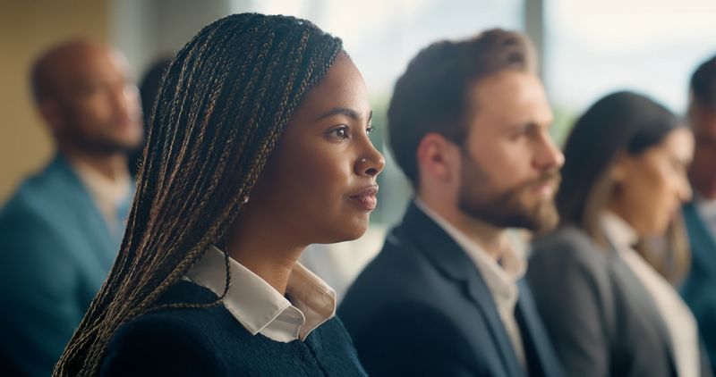 Event, listening and crowd with woman for business convention, workshop and growth. Project pitch, corporate guest and forum for career with group in office for education, conference or development