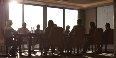 Business meeting with people around a table in a conference room.