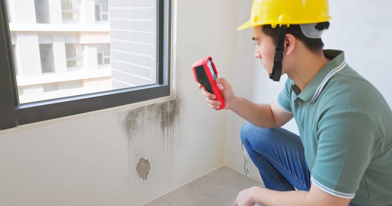 close up asian male home inspector is using thermal imager to check water leakage situation at window