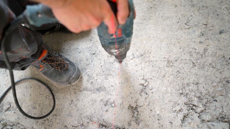 Construction worker drilling a hole in concrete floor using a rotary hammer drill with a laser guide for precision.