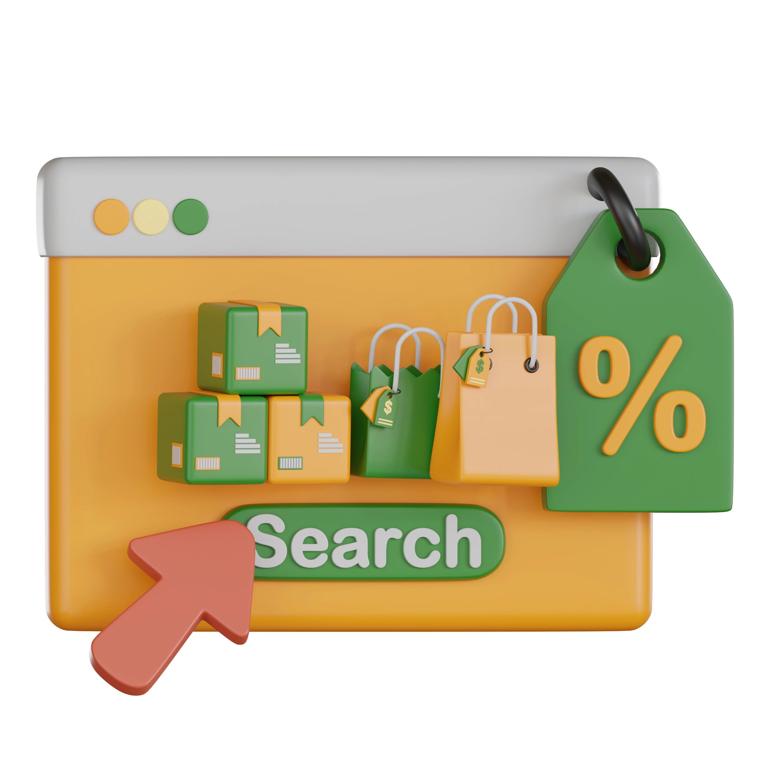 3D online shopping interface with search and discounts