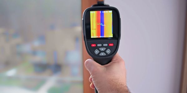 Hand holding a thermal imaging camera indoors.