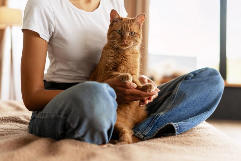 Young woman sitting on the bed, holding a ginger cat in her lap, creating a cozy and loving atmosphere