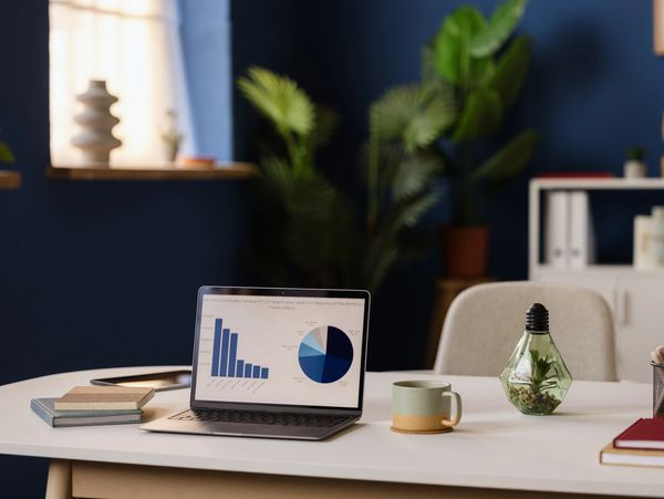 A laptop with charts on a desk alongside books, a mug, and a plant terrarium.