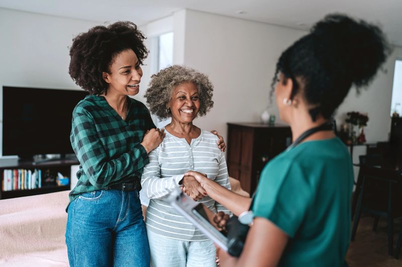Daughter accompanies senior mother for home medical care