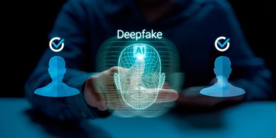 Digital interface showing AI-driven deepfake technology with facial recognition.