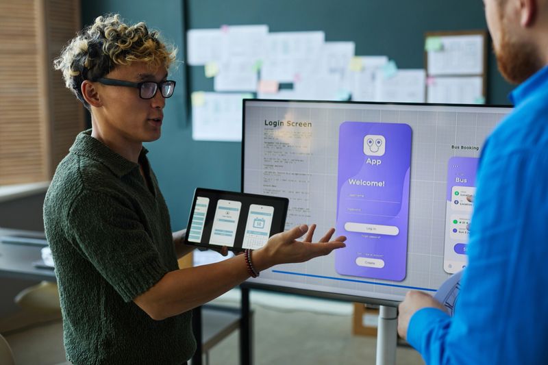 Young adult Caucasian man presenting mobile app interface design to colleague, holding tablet and gesturing toward large monitor displaying app wireframes in modern office setting