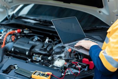 Technician diagnoses car engine with laptop and multimeter.