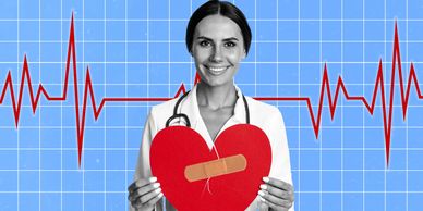 Doctor holding a broken heart with a bandage in front of a heartbeat graph.