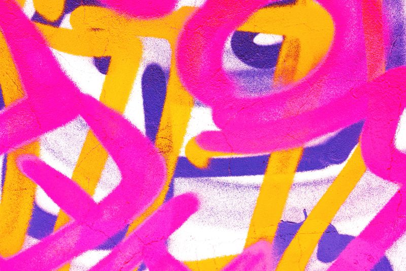 Vibrant graffiti in neon pink, yellow, purple. Retro 80s style, funky, trippy urban art. Street murals, colorful backgrounds, creative banners, modern 90s visuals.