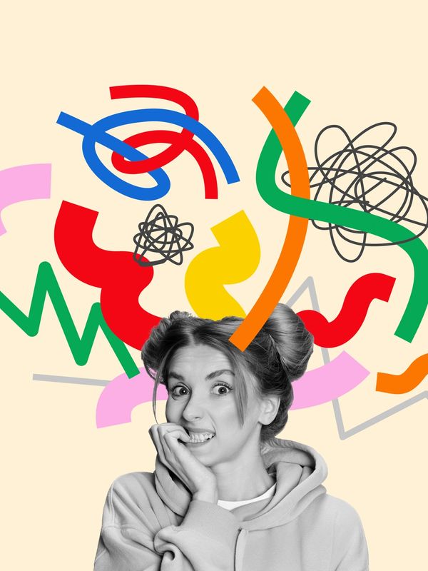 Anxious woman with colorful chaotic lines illustrating mental stress.