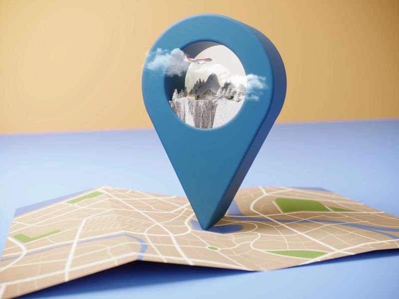 3D render of a location pin on a map showing a snowy mountain landscape with an airplane flying above, symbolizing travel planning and adventure tourism.
