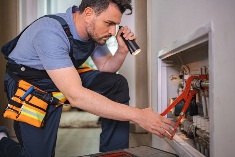 Plumber inspecting plumbing system with flashlight and wrench