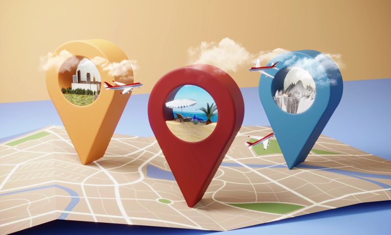 3D render of location pins on a map featuring city, beach, and mountain destinations with airplanes flying above, symbolizing travel planning and diverse holiday choices.