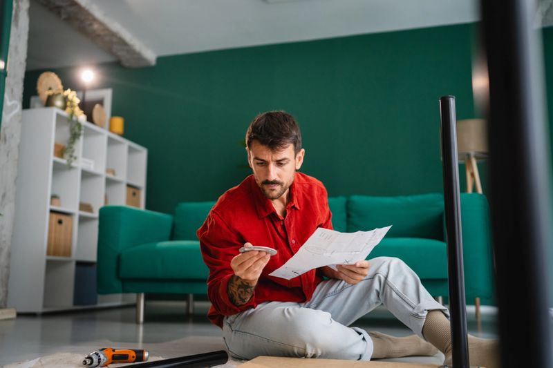 Concentrated handyman sitting on floor comparing furniture part with instruction manual, assembling diy furniture at home following the steps