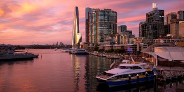 City skyline at sunset with boats docked.