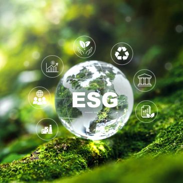 ESG concept with environmental icons around a globe.
