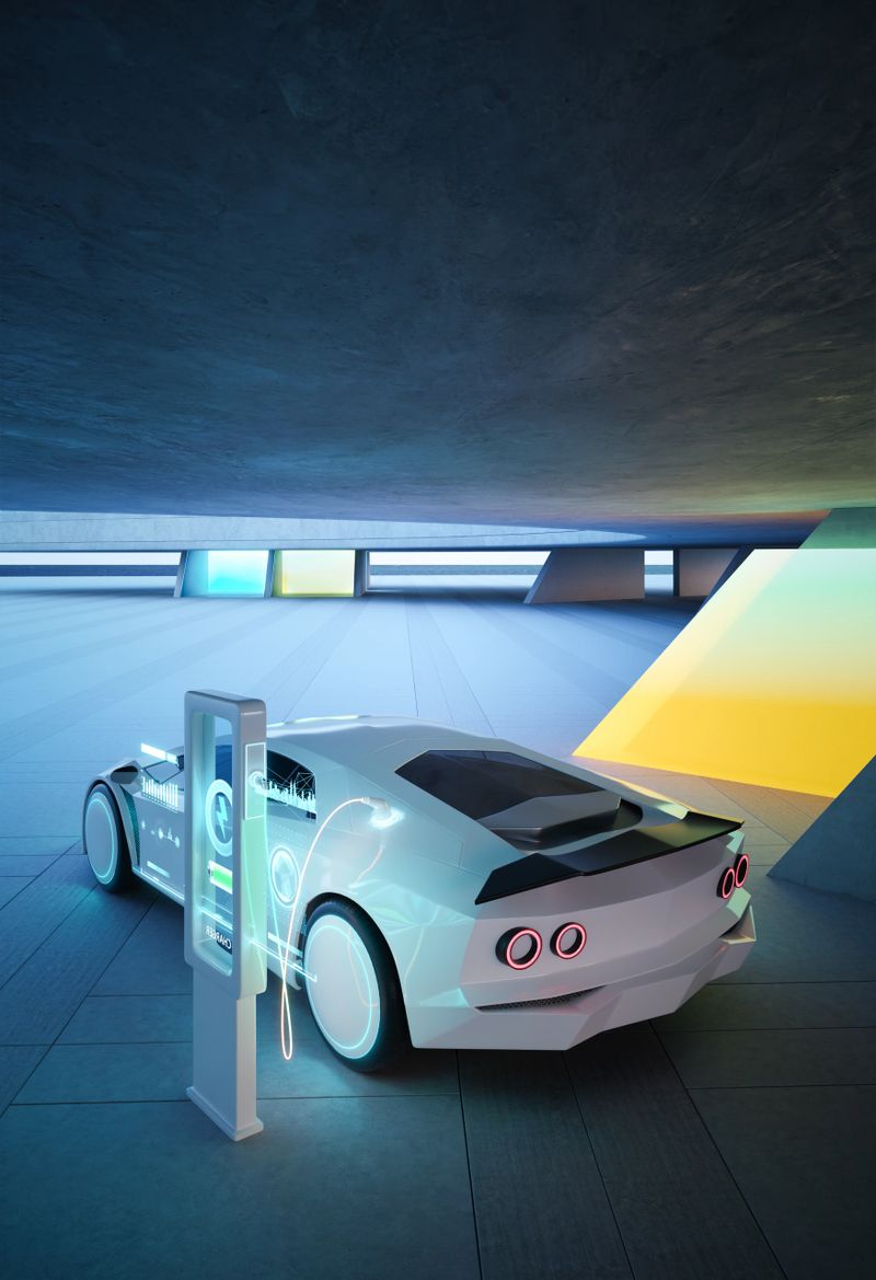 This image showcases a futuristic electric vehicle receiving power at an advanced charging station highlighting smart technology and sustainable transportation in a contemporary environment
