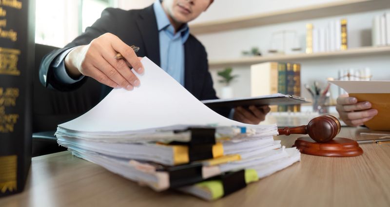 A lawyer reviews important legal documents while consulting with a client, emphasizing the importance of thorough preparation.