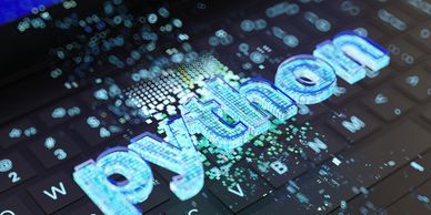 3D text 'Python' glowing over a computer keyboard with digital effects.