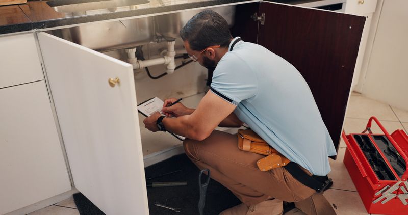 Man, plumber and writing with clipboard by kitchen sink for maintenance report by pipe in home. People, handyman and notes with checklist for drainage system, inspection and repair for leak at house