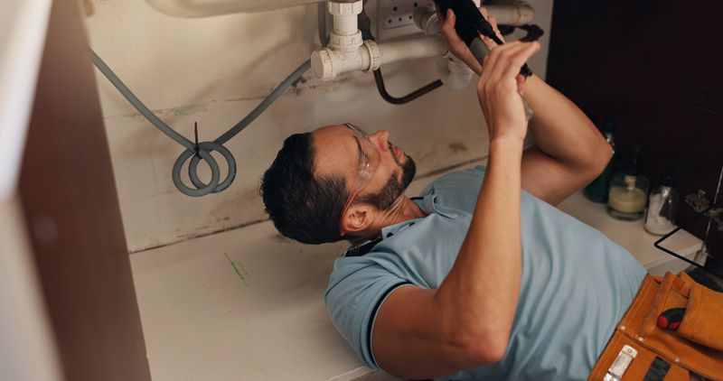 Man, plumber and tools for kitchen sink, pipe and search for leak, problem solving and fix in home. Person, handyman and check for water, drain and solution on floor for maintenance at apartment