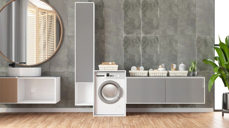 Contemporary Laundry Interior With Washer and Round Mirror. 3D Render
